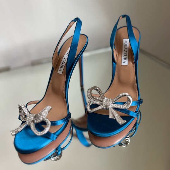 New AQUAZZURA Babe 105 Bow-embellished Sandals In Satin In Blue $1,050 37.5 - Picture 10 of 11